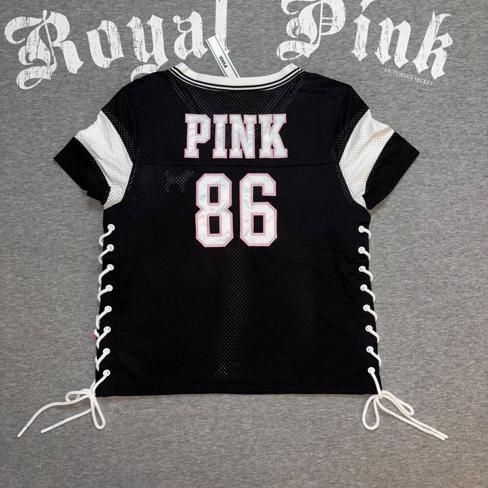 VS PINK Varsity Lace-Up Football Mesh Jersey Pink & White Embroidered 86 MD - Picture 5 of 7
